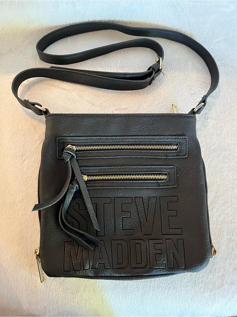 Steve Madden Black Leather Crossbody with Embossed Logo